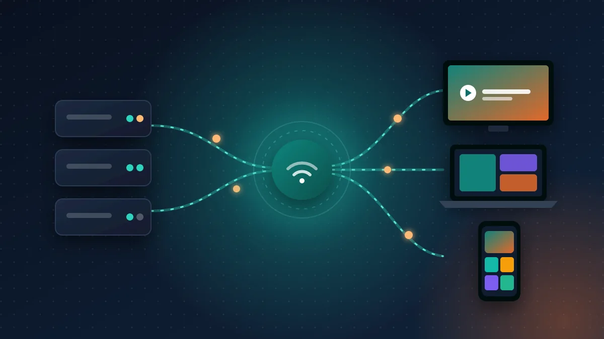 Ilustración de servidores que envían contenido por internet a un televisor, un portátil y un móvil