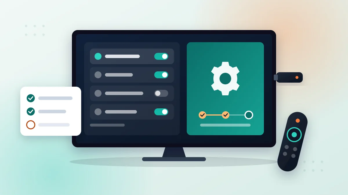 Ilustración de un televisor con ajustes de configuración, un dispositivo de streaming y un mando